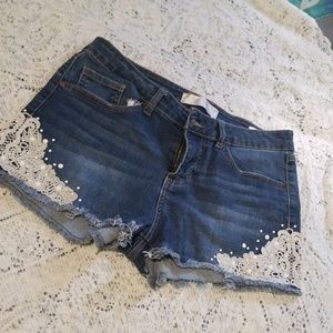 Lace Accent Denim Shorts
